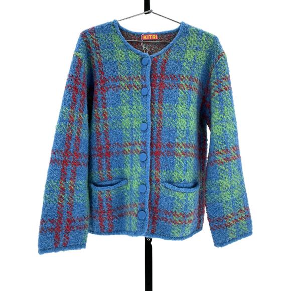 Kitri 'Pandora' Blue Polyester Check Boucle Knit Cardigan Size S - Picture 2 of 4